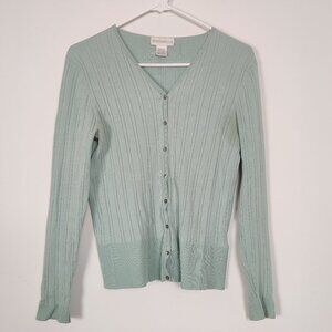 Worthington Women's Cardigan Sweater Size M Green Bodycon Silk Knit Cottagecore